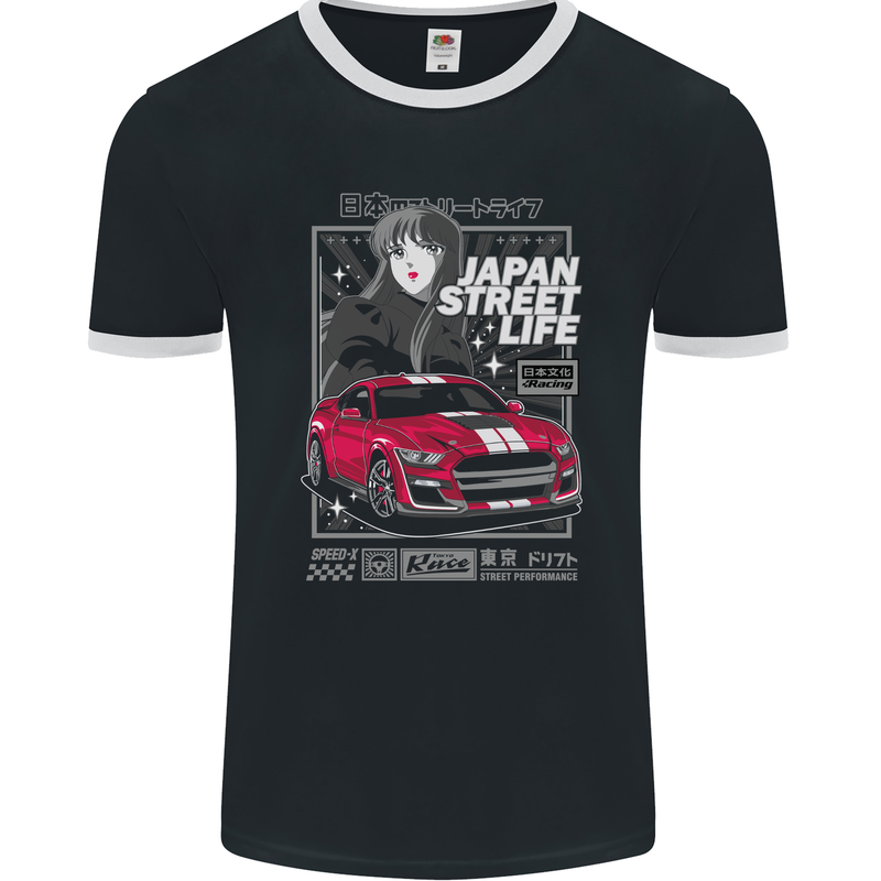 Tokyo Drifting Anime American Muscle Car Japan Mens Ringer T-Shirt FotL Black/White