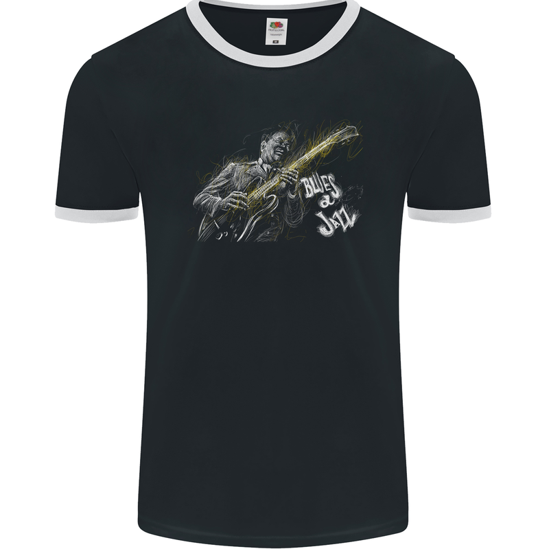 Blues n Jazz Guitar Player Mens Ringer T-Shirt FotL Black/White