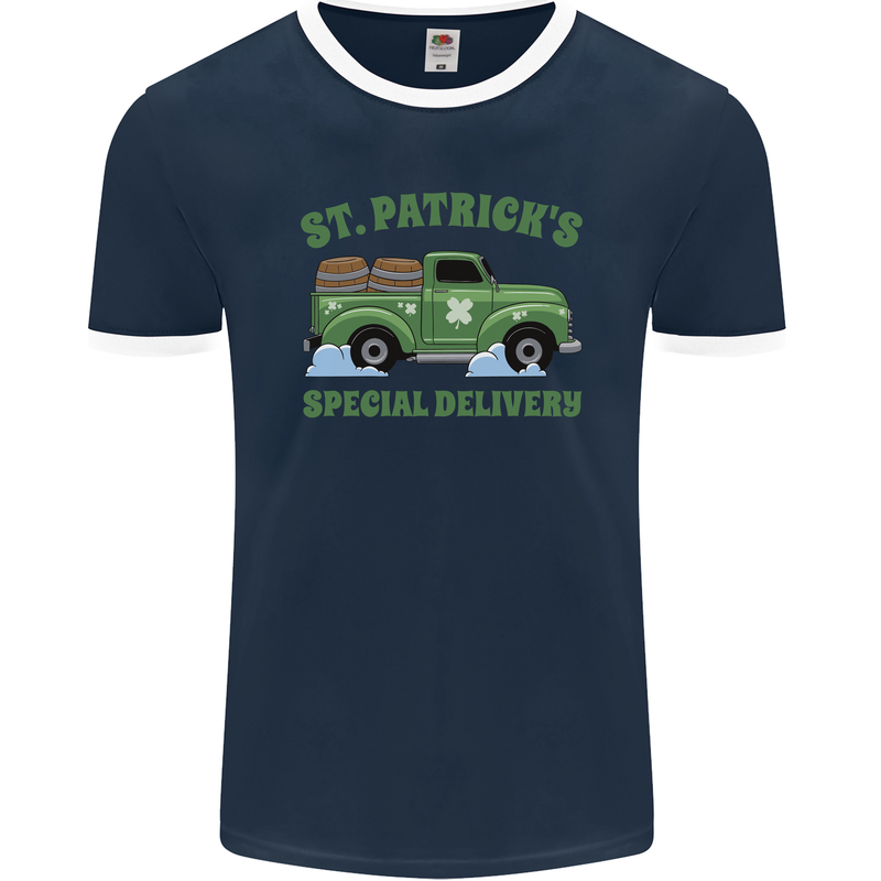 St Patricks Beer Delivery Funny Alcohol Guinness Mens Ringer T-Shirt FotL Navy Blue/White