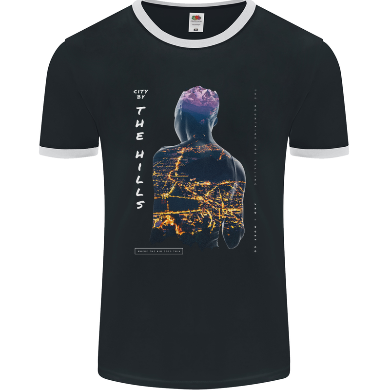 City Lights & Mountains Double Exposure Mens Ringer T-Shirt FotL Black/White