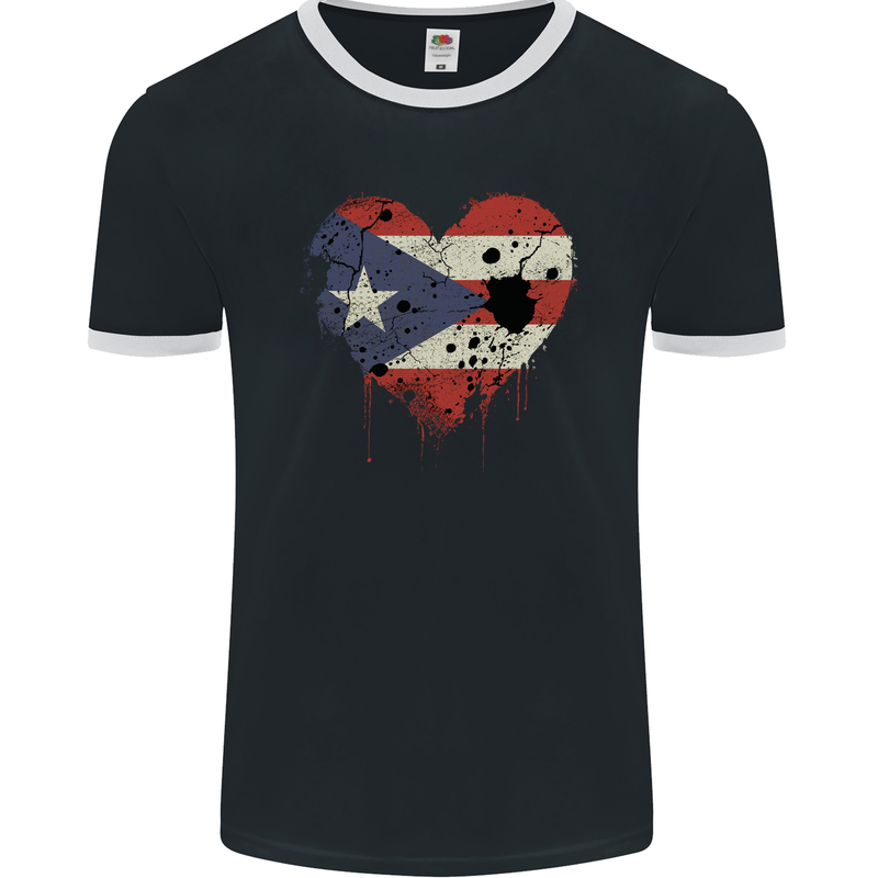 Love Flag Puerto Rico Football Mens Ringer T-Shirt FotL Black/White