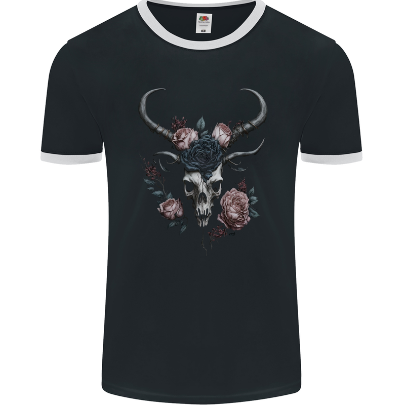 A Gothic Goat Skull With Flowers Roses Goth Mens Ringer T-Shirt FotL Black/White