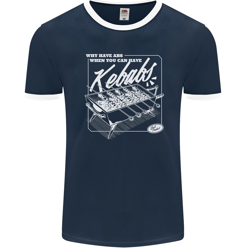 Funny Gym Overweight Fat Abs Kebabs Mens Ringer T-Shirt FotL Navy Blue/White