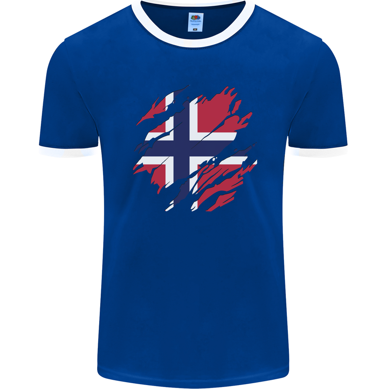 Torn Norway Flag Norwegian Day Football Mens Ringer T-Shirt FotL Royal Blue/White