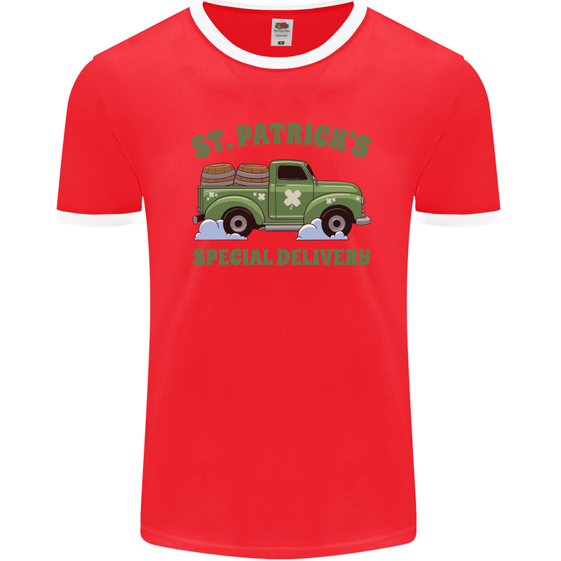 St Patricks Beer Delivery Funny Alcohol Guinness Mens Ringer T-Shirt FotL Red/White