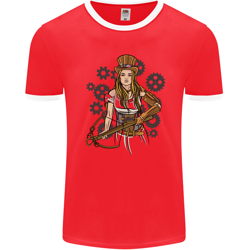 A Steampunk Woman With a Crossbow Mens Ringer T-Shirt FotL Red/White