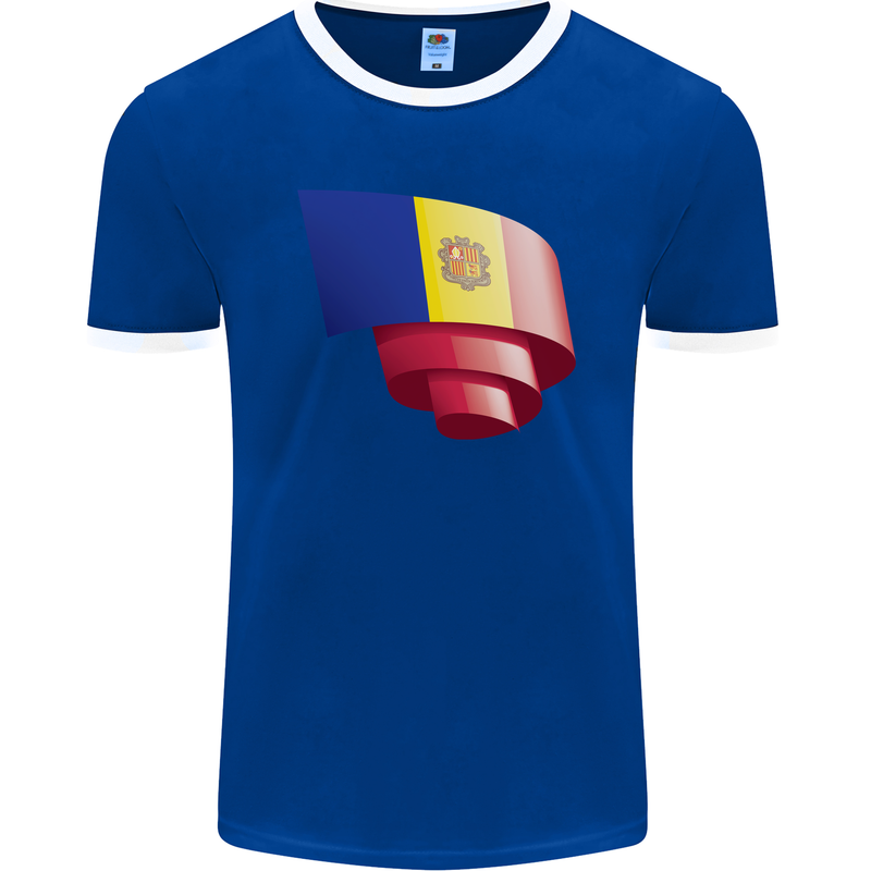 Curled Andorra Flag Andorran Day Football Mens Ringer T-Shirt FotL Royal Blue/White