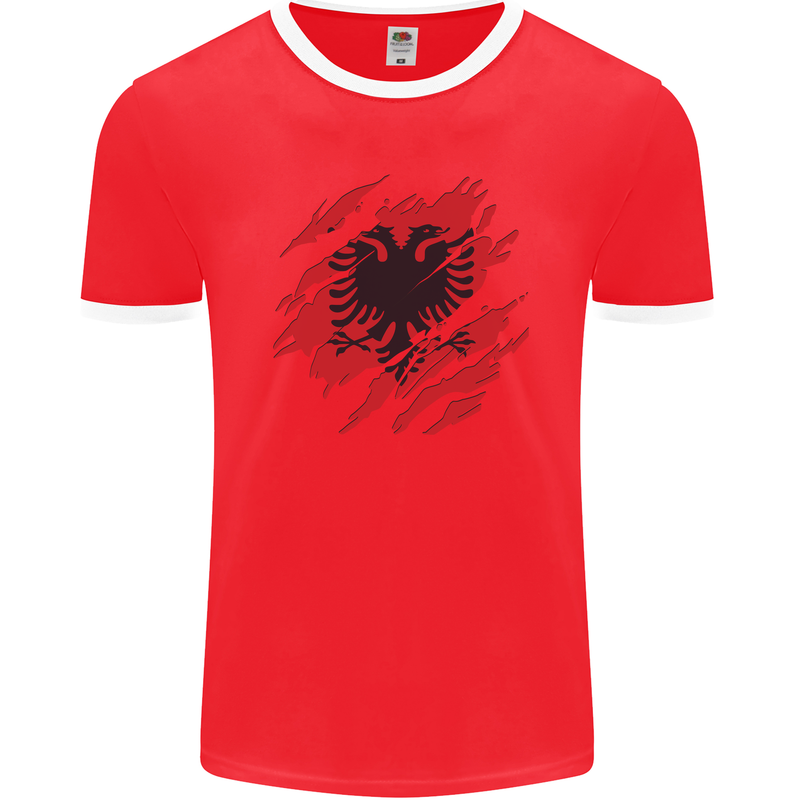 Torn Albania Flag Albanian Day Football Mens Ringer T-Shirt FotL Red/White