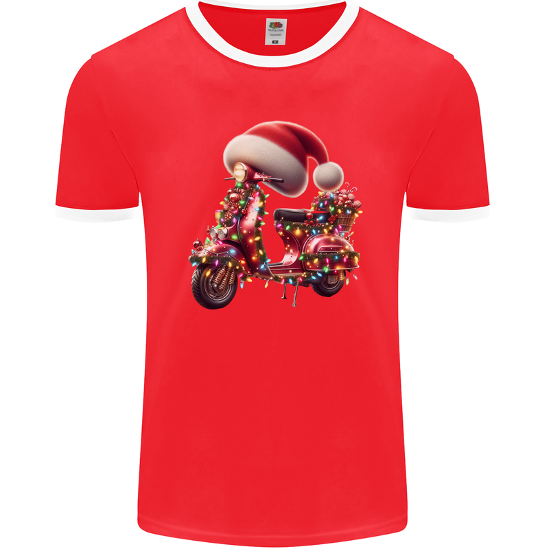 Christmas Scooter Xmas Hat MOD Moped Mens Ringer T-Shirt FotL Red/White