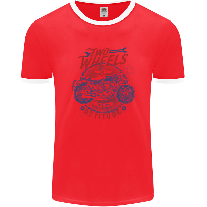 Two Wheels Attitude Motorcycle Biker Motorbike Mens Ringer T-Shirt Red/White