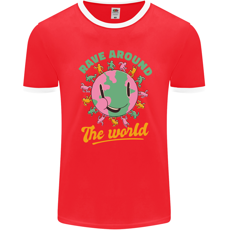 Rave Around the World Dance Music Raver Acid Mens Ringer T-Shirt FotL Red/White