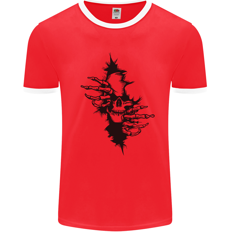 A Skull From a Ripped Shirt Gothic Goth Biker Mens Ringer T-Shirt Red/White