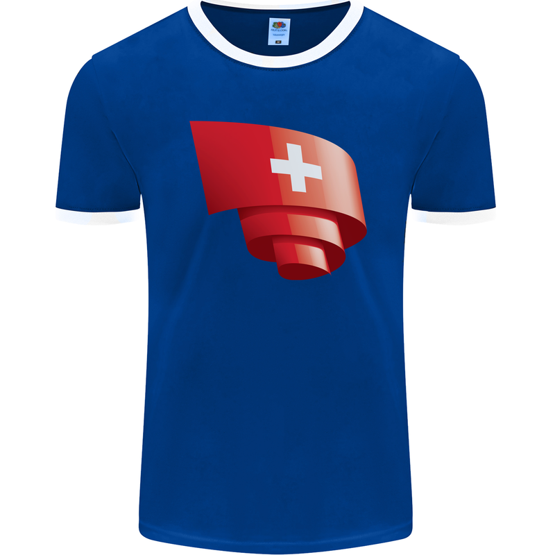 Curled Switzerland Flag Swiss Day Football Mens Ringer T-Shirt FotL Royal Blue/White
