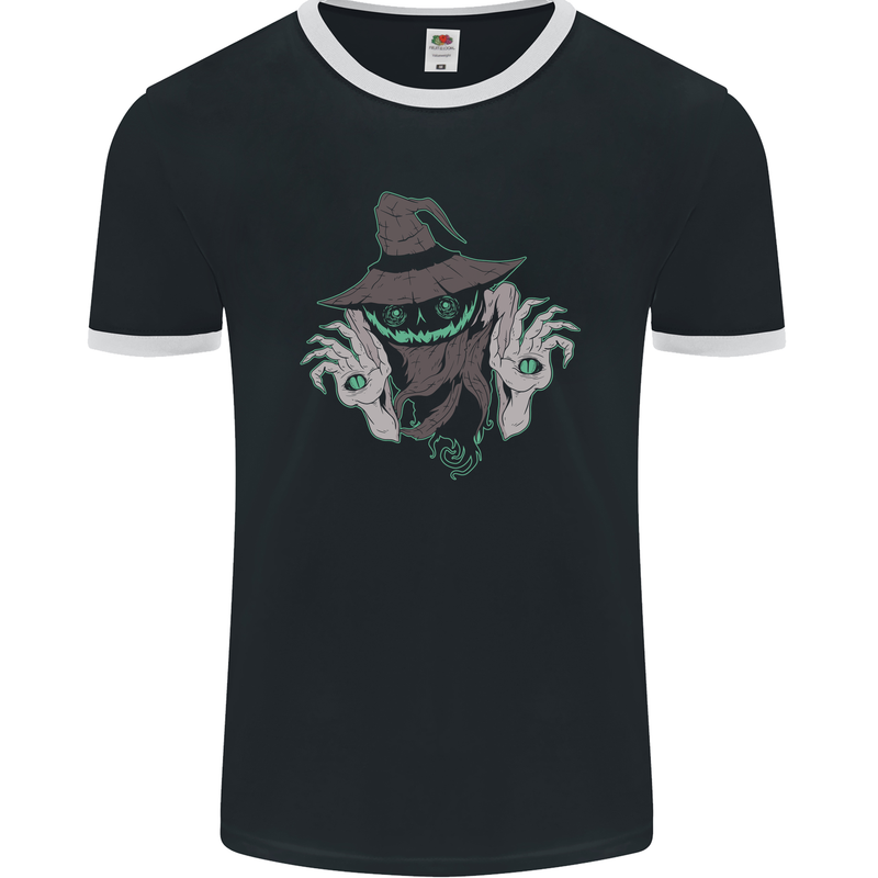 Creepy Halloween Pumpkin Mens Ringer T-Shirt FotL Black/White