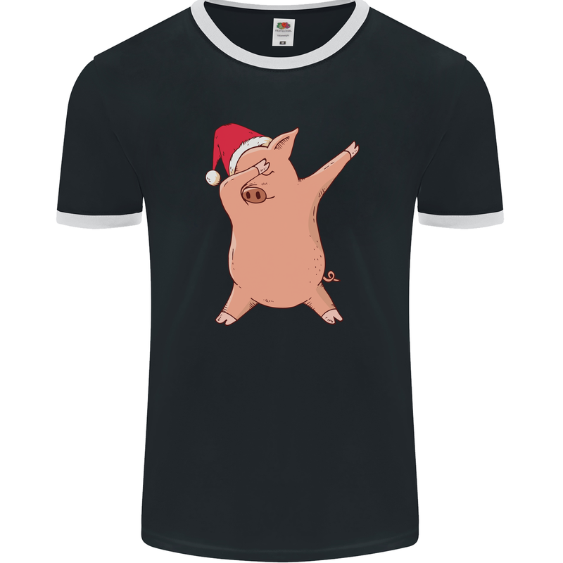 Christmas Dabbing Pig Wearing an Xmas Hat Mens Ringer T-Shirt FotL Black/White