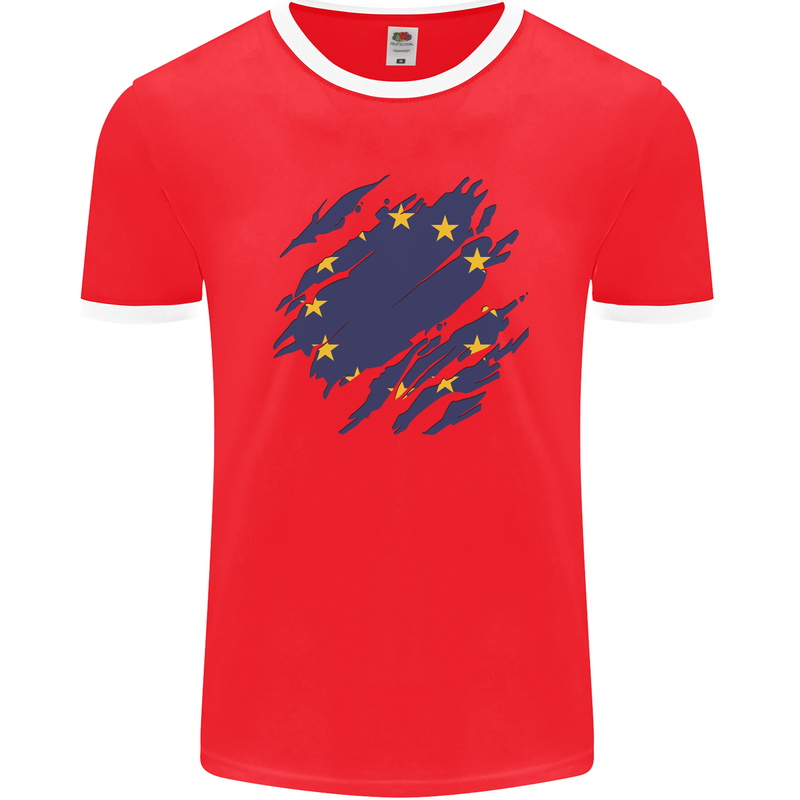 Torn EU Flag European Union Flag Football Mens Ringer T-Shirt FotL Red/White