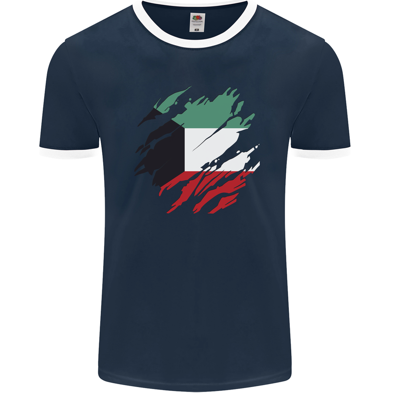 Torn Kuwait Flag Kuwaiti Day Football Mens Ringer T-Shirt FotL Navy Blue/White