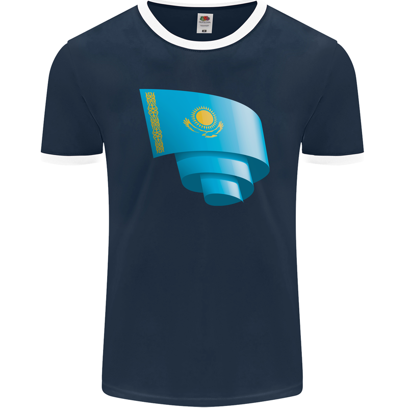 Curled Kazakhstan Flag Kazakh Day Football Mens Ringer T-Shirt FotL Navy Blue/White