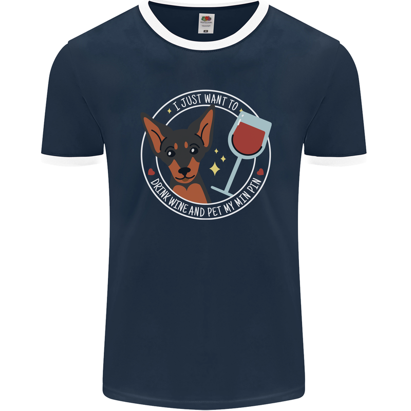 Wine With My Min Pin Dog Miniature Pinscher Mens Ringer T-Shirt FotL Navy Blue/White