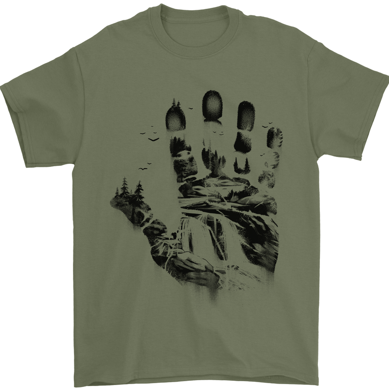 Wilderness Hand Trekking Outdoors Camping Mens T-Shirt 100% Cotton Military Green