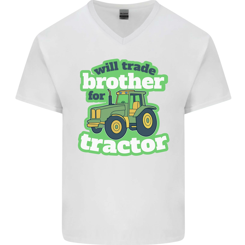 Will Trade Brother For Tractor Farmer Mens V-Neck Cotton T-Shirt White