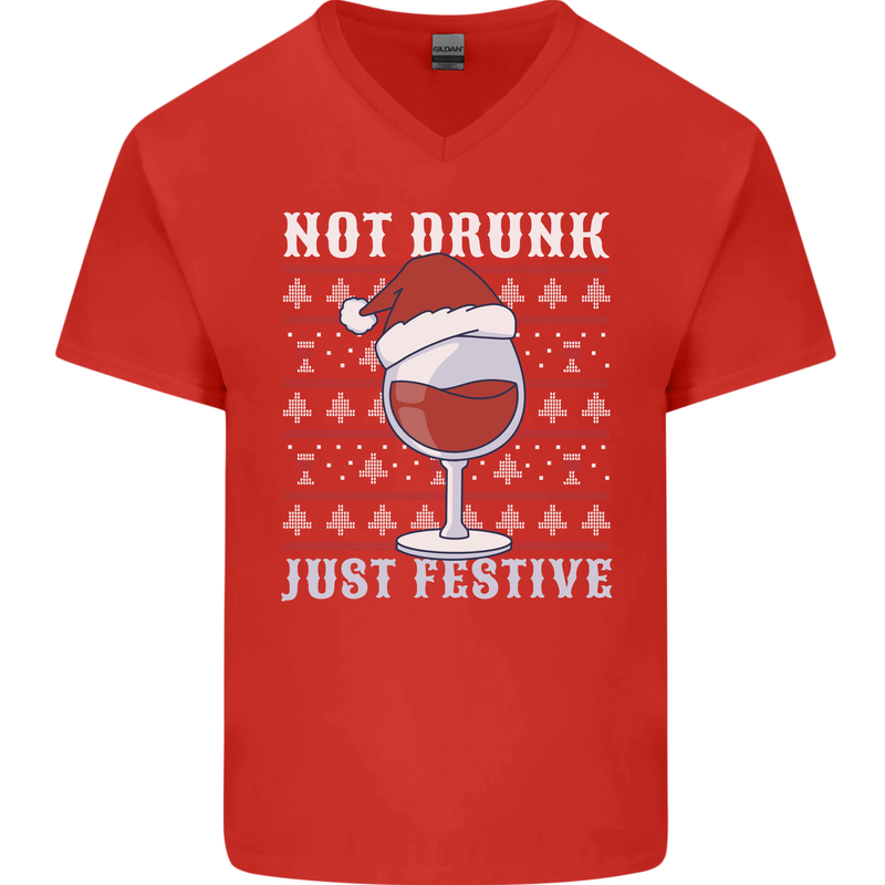 Wine Not Drunk Just Festive Funny Christmas Xmas Mens V-Neck Cotton T-Shirt Red