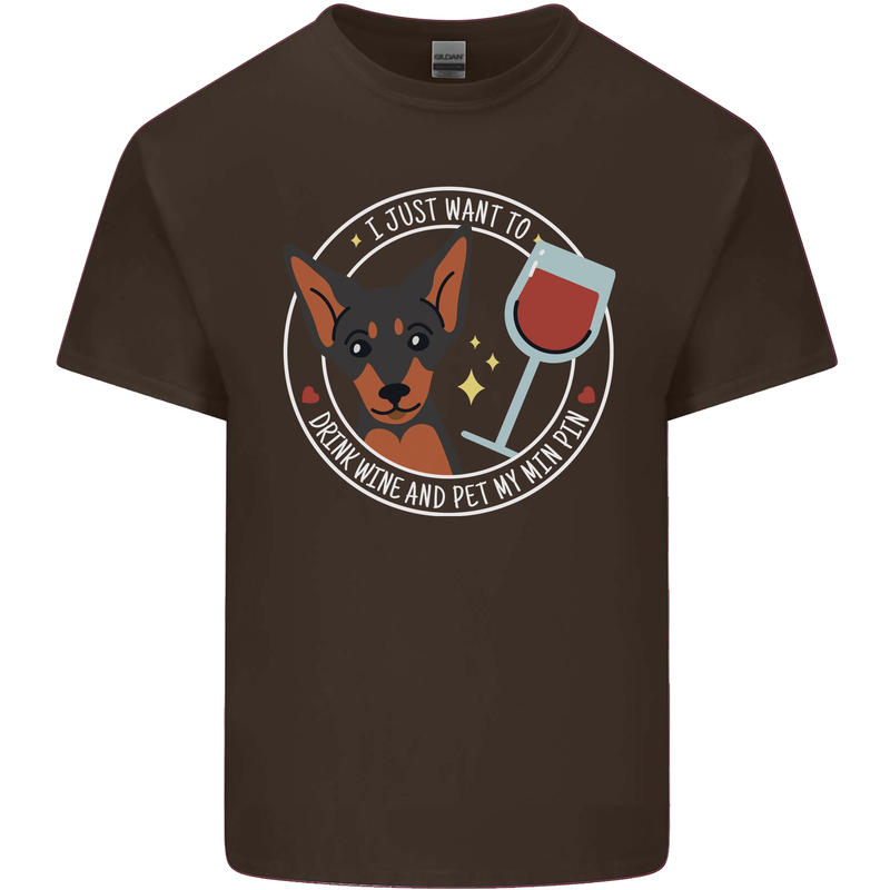Wine With My Min Pin Dog Miniature Pinscher Mens Cotton T-Shirt Tee Top Dark Chocolate