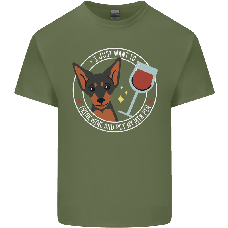 Wine With My Min Pin Dog Miniature Pinscher Mens Cotton T-Shirt Tee Top Military Green