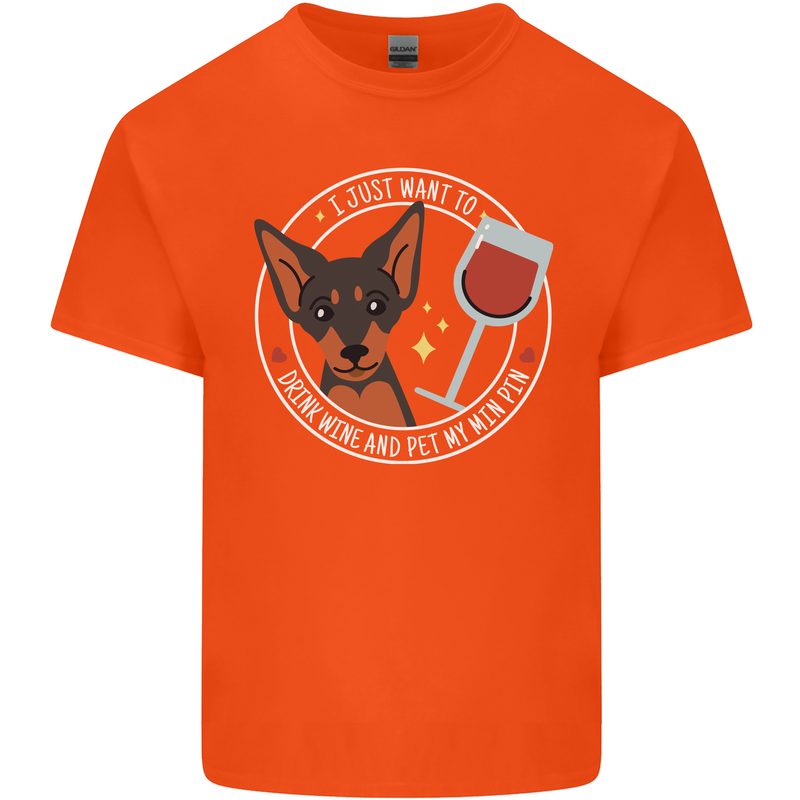 Wine With My Min Pin Dog Miniature Pinscher Mens Cotton T-Shirt Tee Top Orange