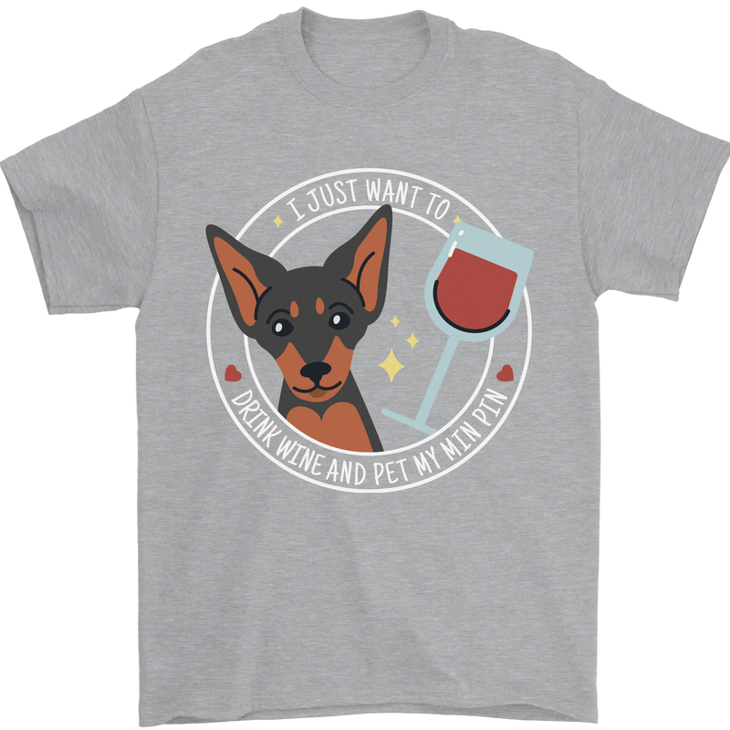 Wine With My Min Pin Dog Miniature Pinscher Mens T-Shirt 100% Cotton Sports Grey