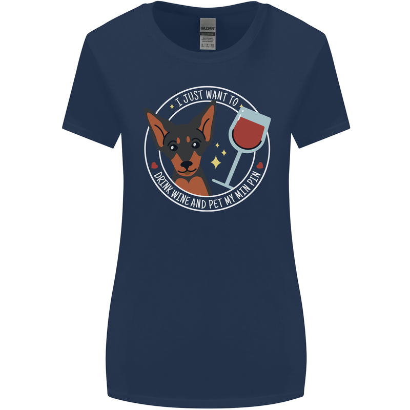 Wine With My Min Pin Dog Miniature Pinscher Womens Wider Cut T-Shirt Navy Blue