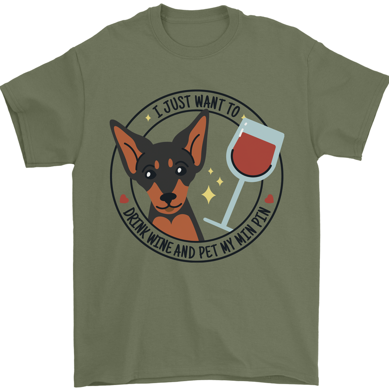 Wine With My Min Pin Miniature Pinscher Dog Mens T-Shirt 100% Cotton Military Green