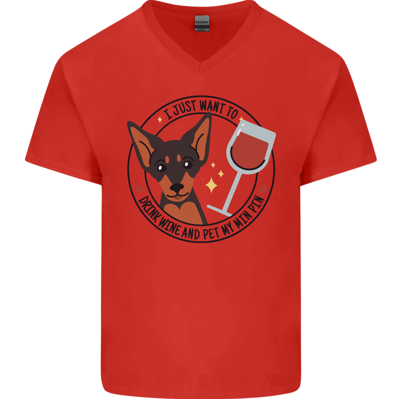 Wine With My Min Pin Miniature Pinscher Dog Mens V-Neck Cotton T-Shirt Red