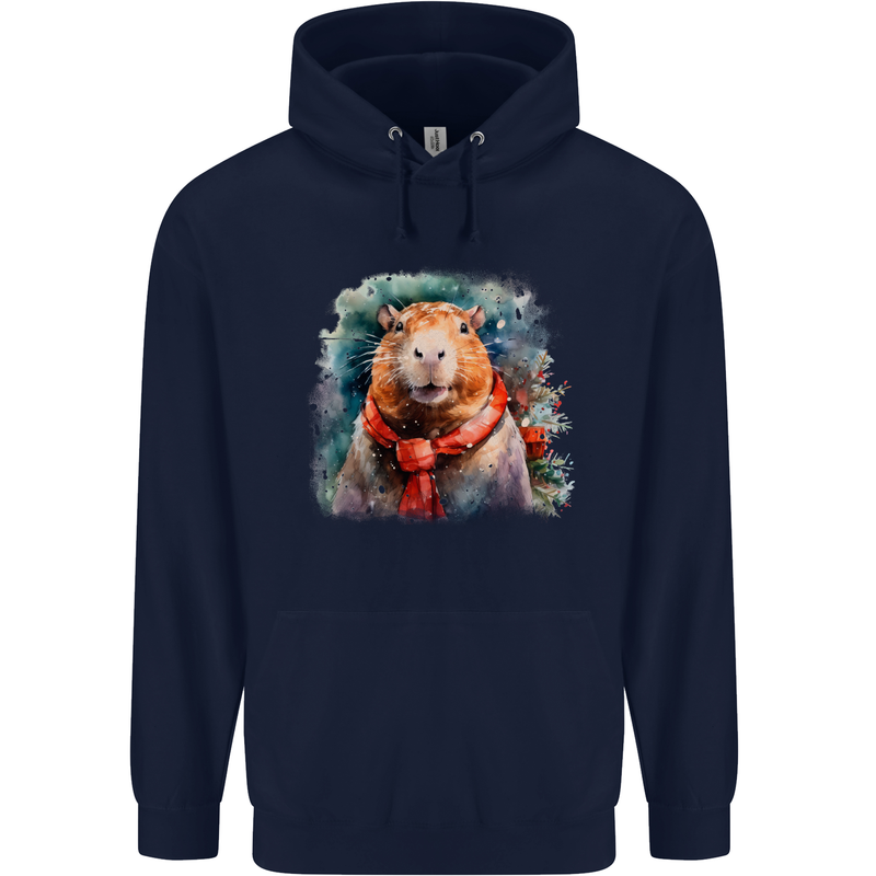 Winter Capybara Christmas Xmas Mens 80% Cotton Hoodie Navy Blue