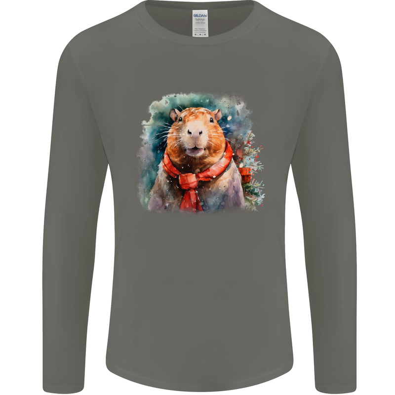 Winter Capybara Christmas Xmas Mens Long Sleeve T-Shirt Charcoal