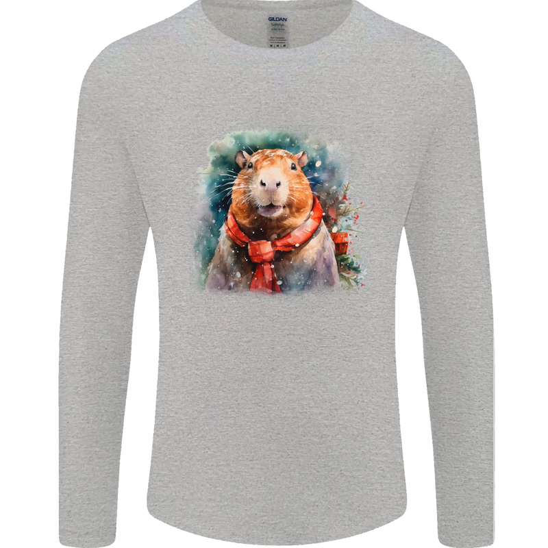 Winter Capybara Christmas Xmas Mens Long Sleeve T-Shirt Sports Grey