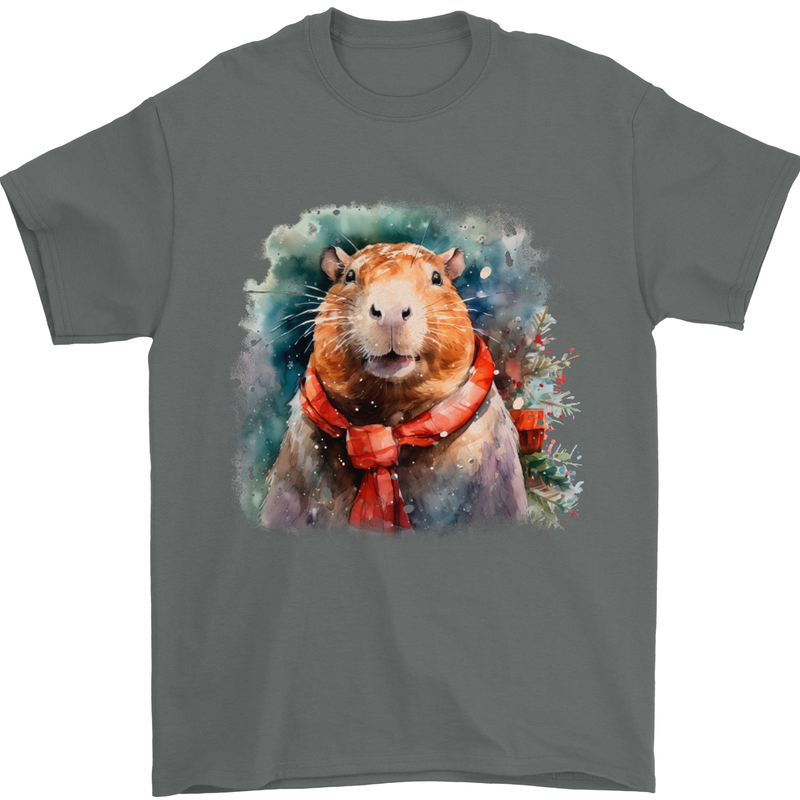 Winter Capybara Christmas Xmas Mens T-Shirt 100% Cotton Charcoal