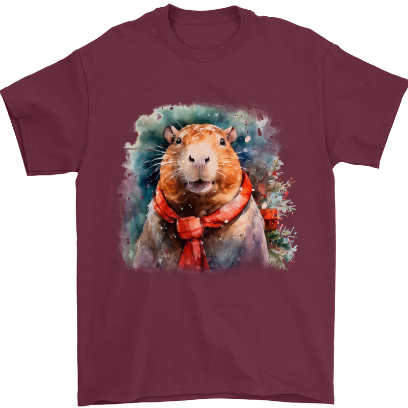 Winter Capybara Christmas Xmas Mens T-Shirt 100% Cotton Maroon