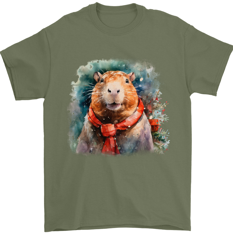 Winter Capybara Christmas Xmas Mens T-Shirt 100% Cotton Military Green