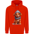 Winter Puppy With Hat and Scarf Dog Mens 80% Cotton Hoodie Bright Red