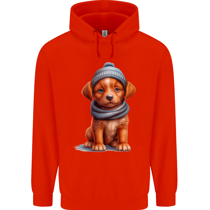 Winter Puppy With Hat and Scarf Dog Mens 80% Cotton Hoodie Bright Red