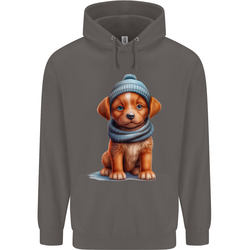 Winter Puppy With Hat and Scarf Dog Mens 80% Cotton Hoodie Charcoal