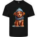 Winter Puppy With Hat and Scarf Dog Mens Cotton T-Shirt Tee Top Black