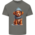 Winter Puppy With Hat and Scarf Dog Mens Cotton T-Shirt Tee Top Charcoal