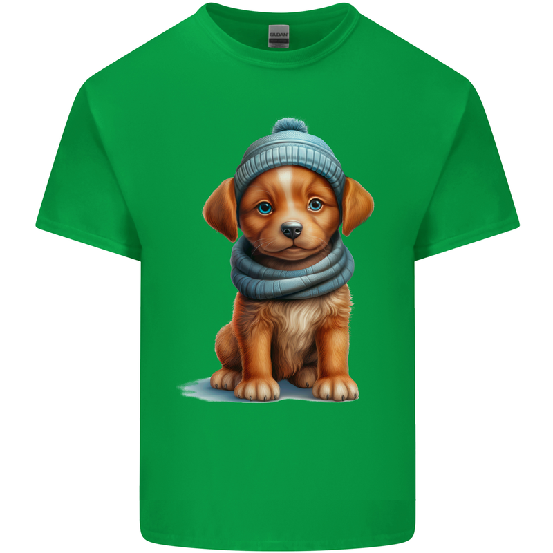 Winter Puppy With Hat and Scarf Dog Mens Cotton T-Shirt Tee Top Irish Green