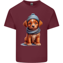 Winter Puppy With Hat and Scarf Dog Mens Cotton T-Shirt Tee Top Maroon