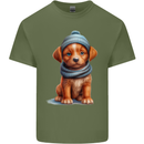 Winter Puppy With Hat and Scarf Dog Mens Cotton T-Shirt Tee Top Military Green
