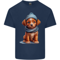 Winter Puppy With Hat and Scarf Dog Mens Cotton T-Shirt Tee Top Navy Blue