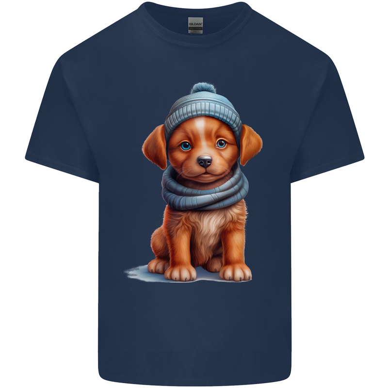 Winter Puppy With Hat and Scarf Dog Mens Cotton T-Shirt Tee Top Navy Blue