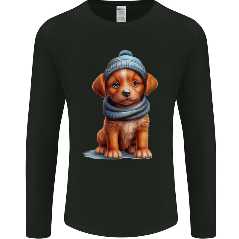 Winter Puppy With Hat and Scarf Dog Mens Long Sleeve T-Shirt Black